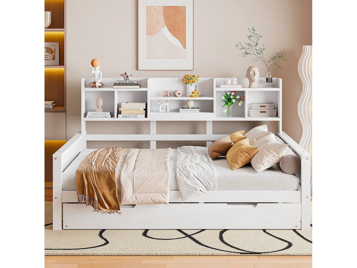 Canapé convertible 140x200 cm, bois massif, lit escamotable 90x190 cm, rangement, sommier à lattes, pin, blanc (205x147x110 cm)