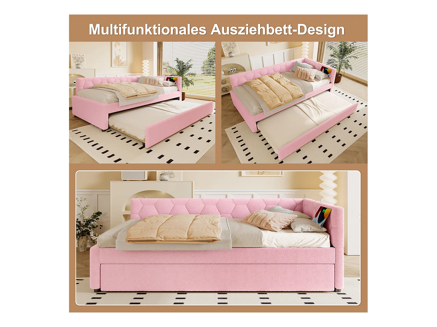 Daybed 90x200 cm, canapé-lit avec structure en velours, lit escamotable multifonction, lampe de chevet, ports USB et Type-C, rose (208x95x66.5 cm)