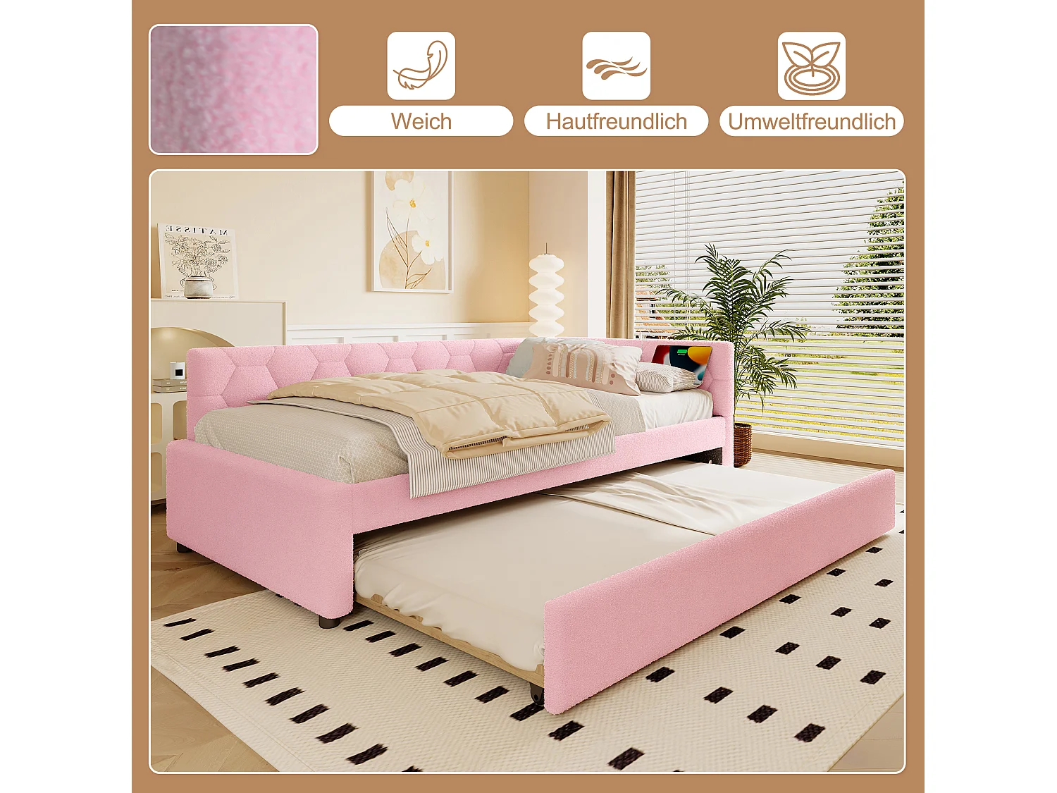 Daybed 90x200 cm, canapé-lit avec structure en velours, lit escamotable multifonction, lampe de chevet, ports USB et Type-C, rose (208x95x66.5 cm)