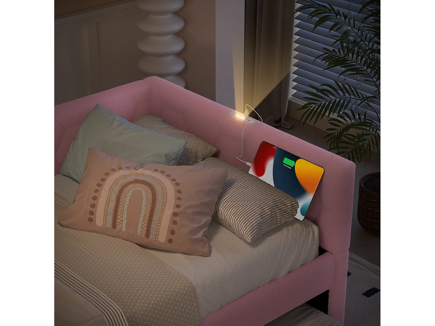 Daybed 90x200 cm, canapé-lit avec structure en velours, lit escamotable multifonction, lampe de chevet, ports USB et Type-C, rose (208x95x66.5 cm)