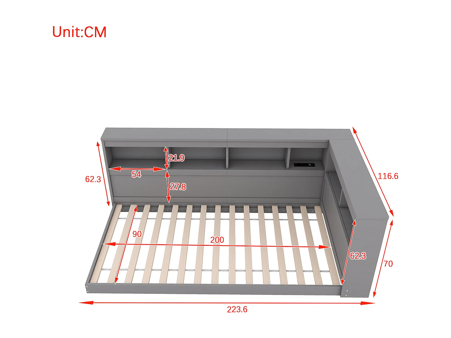 Divano letto 90 x 200 cm con porte USB e presa elettrica, struttura in truciolare, grigio (223,6x116,6x70 cm)