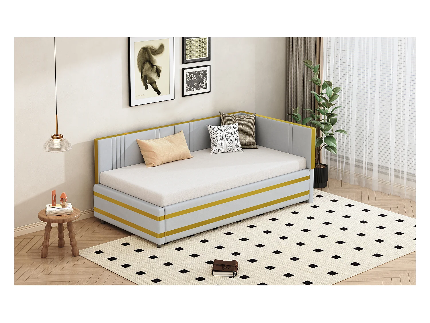 Canapé-lit Polster 90 x 200 cm, multifonction avec lattenrost, tissu en velours gris (205 x 97 x 65.5 cm)