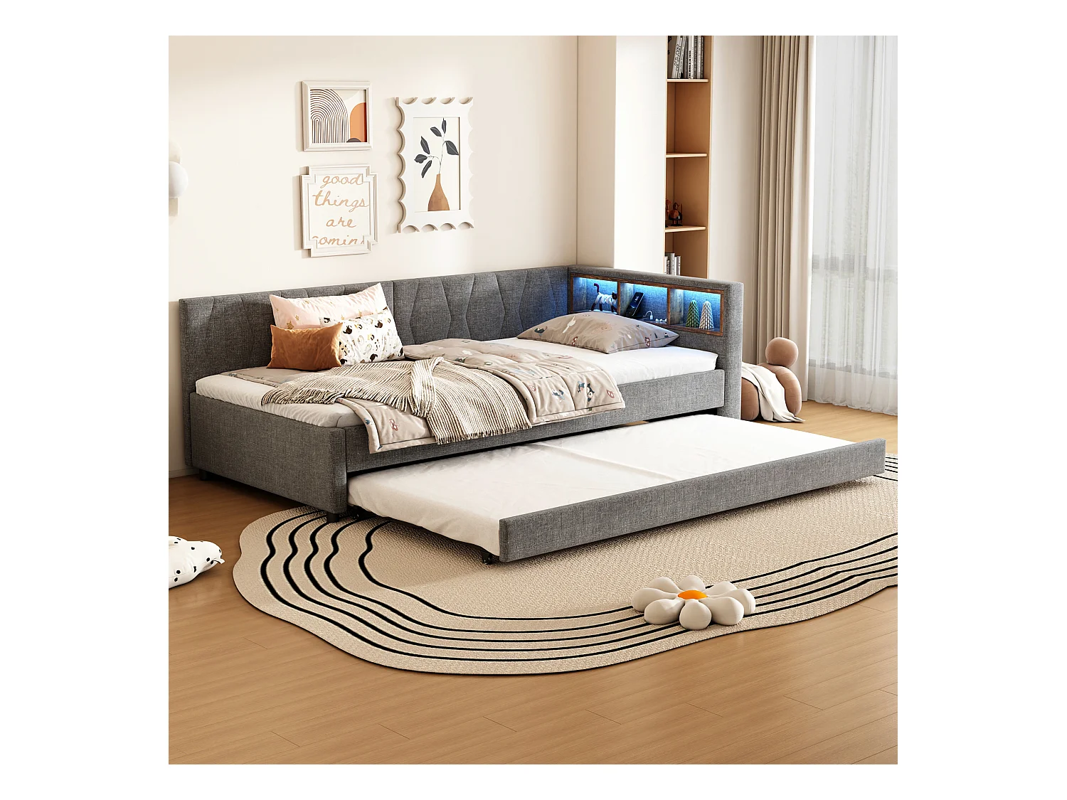 Daybett 90x200 cm, Lit de jour, Canapé-lit, avec LED, Rangement, USB + Type-C, Lit extractible, avec sommier (sans matelas), Lin, Gris (210x145x71 cm)