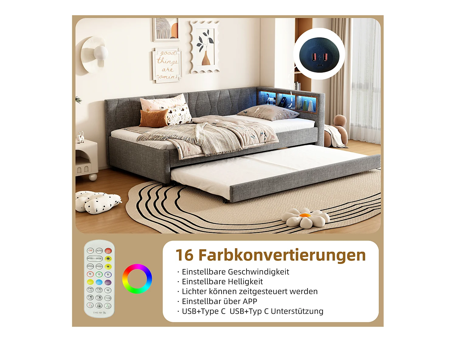 Daybett 90x200 cm, Lit de jour, Canapé-lit, avec LED, Rangement, USB + Type-C, Lit extractible, avec sommier (sans matelas), Lin, Gris (210x145x71 cm)