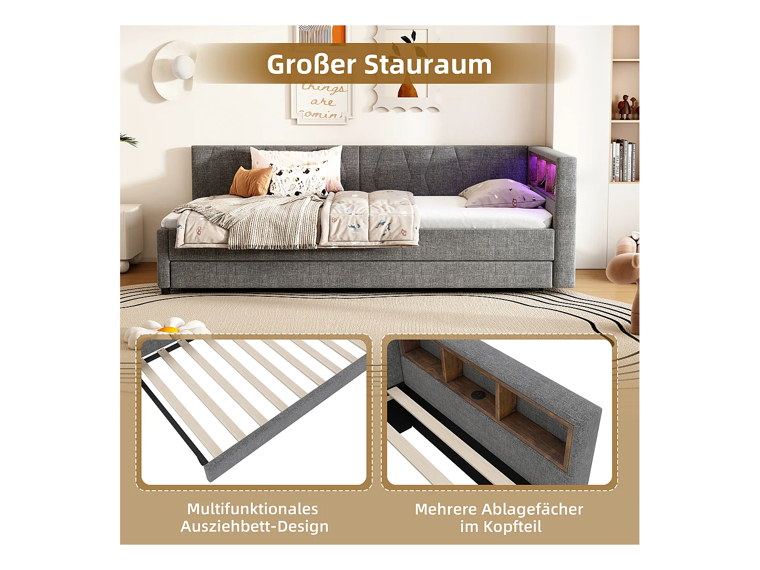 Daybett 90x200 cm, Lit de jour, Canapé-lit, avec LED, Rangement, USB + Type-C, Lit extractible, avec sommier (sans matelas), Lin, Gris (210x145x71 cm)