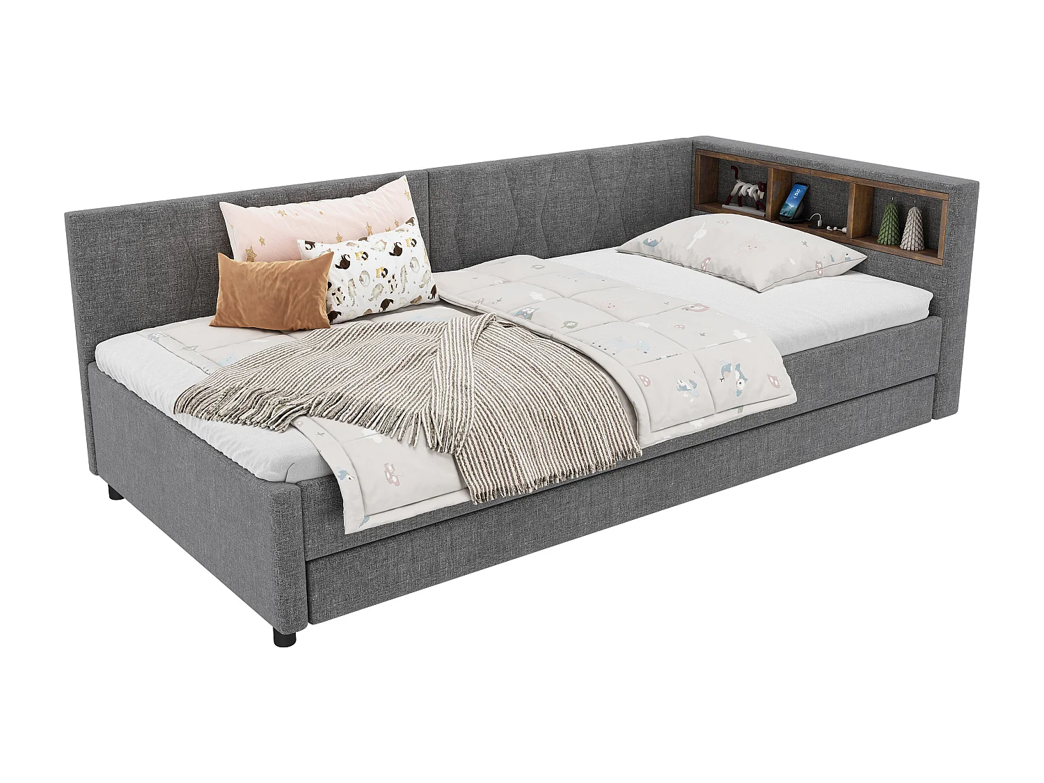 Daybett 90x200 cm, Lit de jour, Canapé-lit, avec LED, Rangement, USB + Type-C, Lit extractible, avec sommier (sans matelas), Lin, Gris (210x145x71 cm)