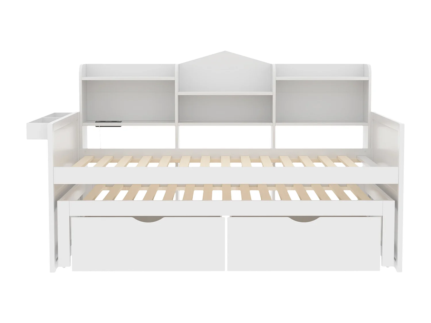 Canapé-lit 90x200 cm, lit gigogne 90x190 cm avec tiroirs, grand rangement, prise USB, bois blanc (192.3x110x100cm)