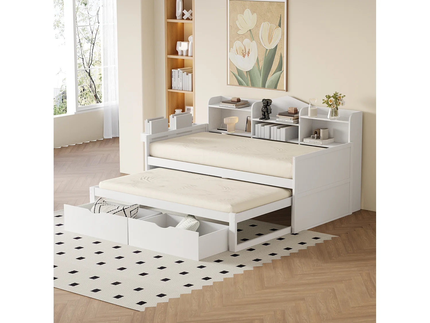 Canapé-lit 90x200 cm, lit gigogne 90x190 cm avec tiroirs, grand rangement, prise USB, bois blanc (192.3x110x100cm)