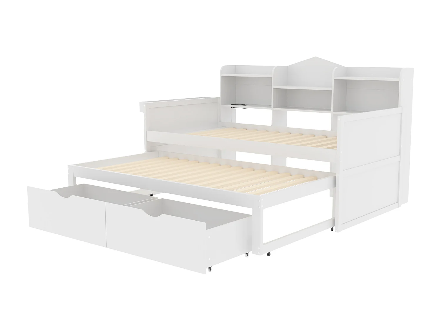 Canapé-lit 90x200 cm, lit gigogne 90x190 cm avec tiroirs, grand rangement, prise USB, bois blanc (192.3x110x100cm)