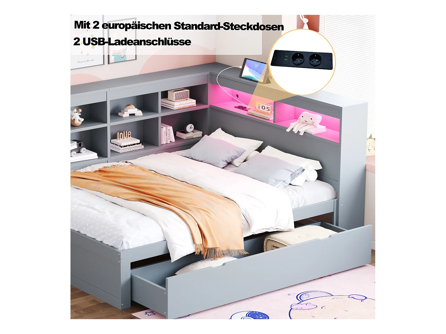 Canapé-lit bois massif 140x200 cm, tiroirs extra-larges, USB, LED, étagères, rangement, gris (222.3x165x92 cm)