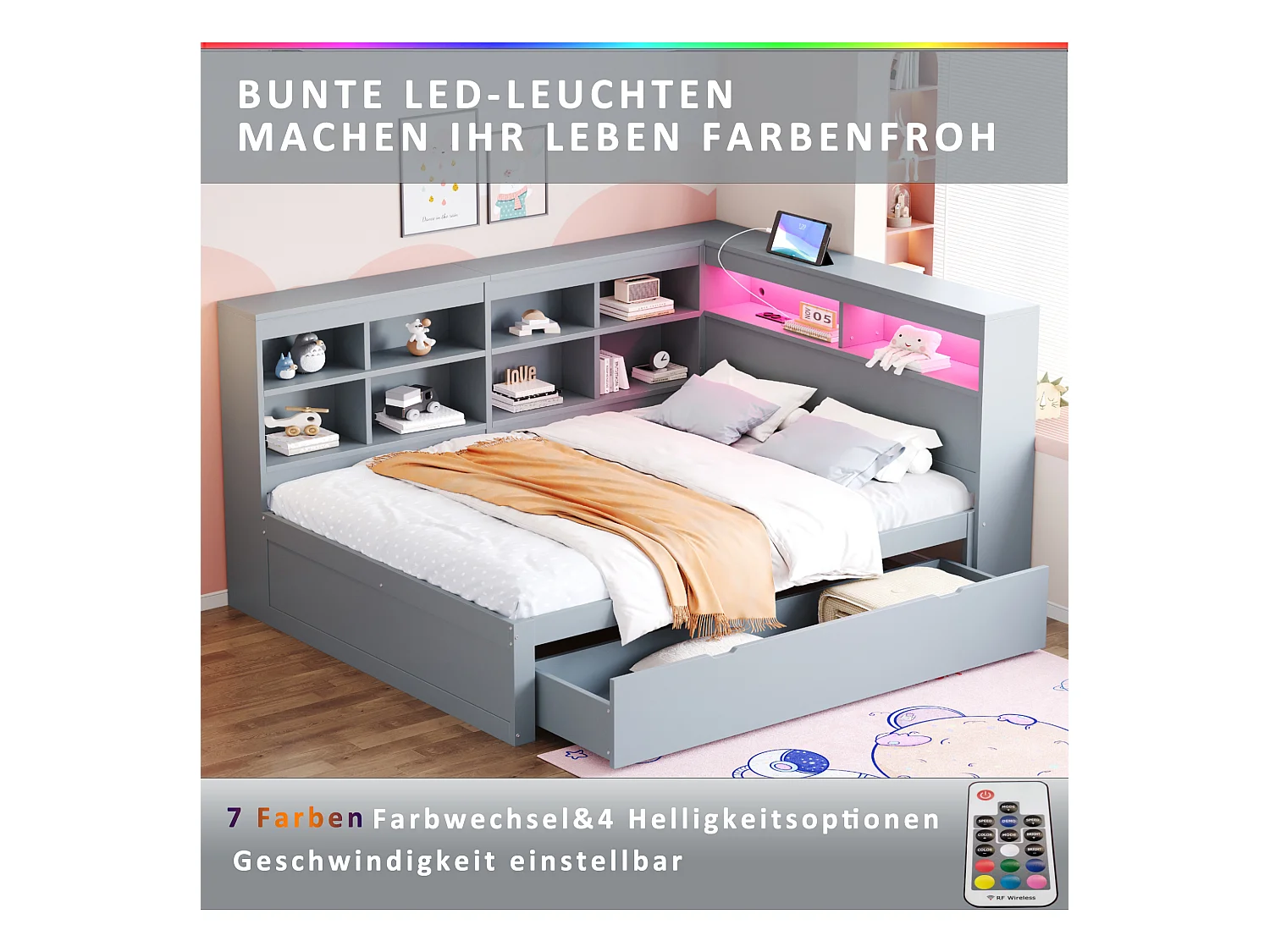 Canapé-lit bois massif 140x200 cm, tiroirs extra-larges, USB, LED, étagères, rangement, gris (222.3x165x92 cm)