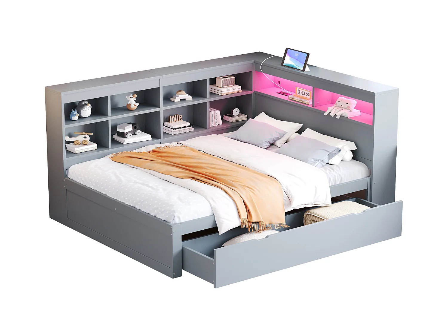 Canapé-lit bois massif 140x200 cm, tiroirs extra-larges, USB, LED, étagères, rangement, gris (222.3x165x92 cm)