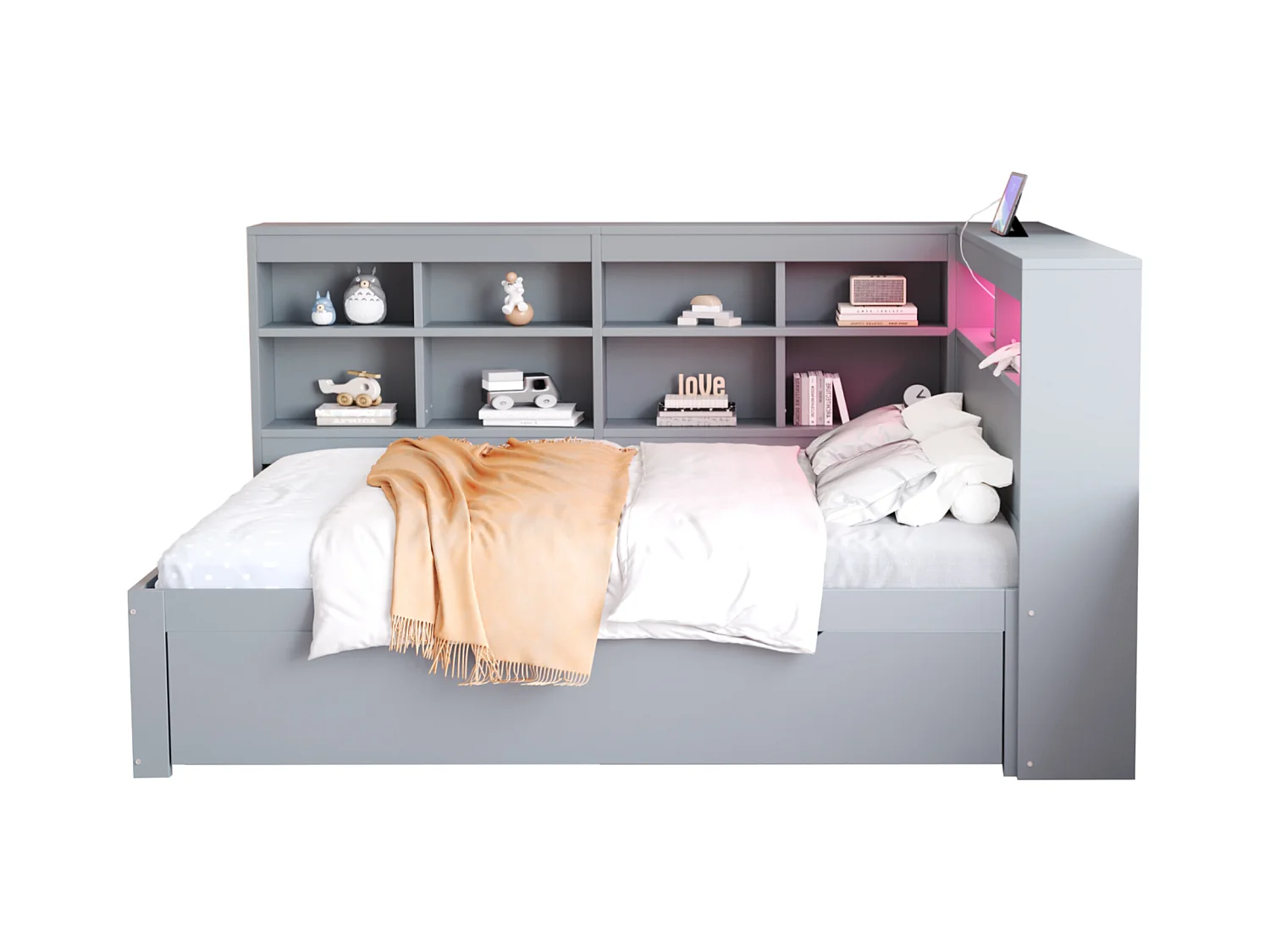 Canapé-lit bois massif 140x200 cm, tiroirs extra-larges, USB, LED, étagères, rangement, gris (222.3x165x92 cm)