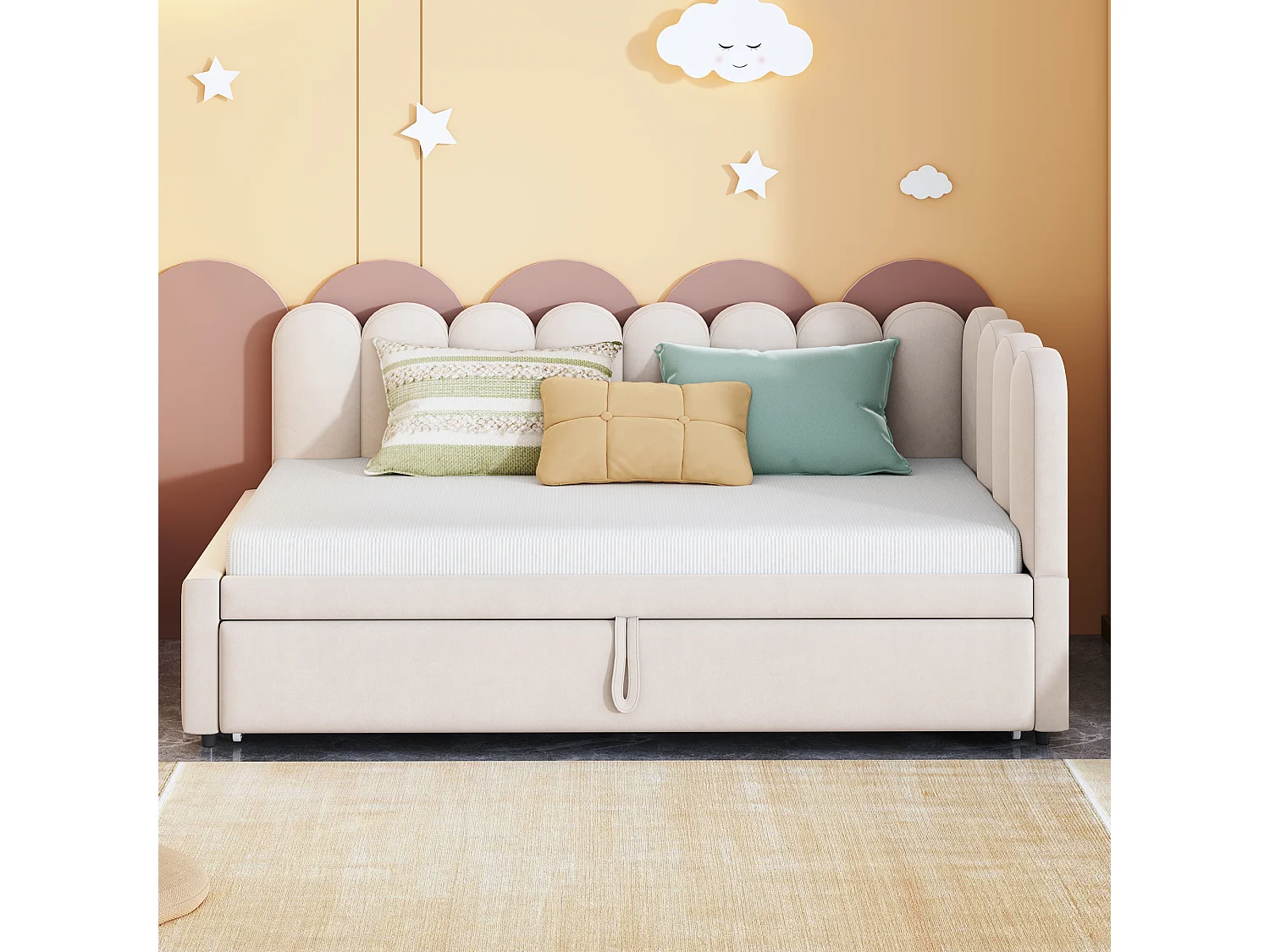 Canapé-lit 2-en-1 L-Forme 90/180x200 cm, design pratique, tissu velours beige, avec fonction lit et rangement intégré (204.5x188.5x88 cm)