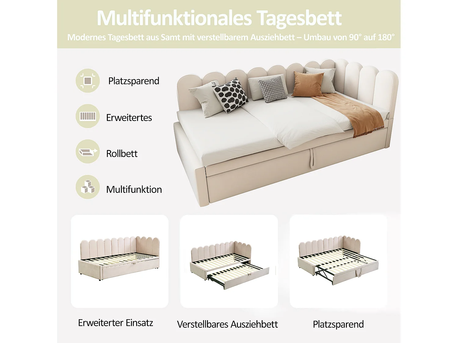 Canapé-lit 2-en-1 L-Forme 90/180x200 cm, design pratique, tissu velours beige, avec fonction lit et rangement intégré (204.5x188.5x88 cm)