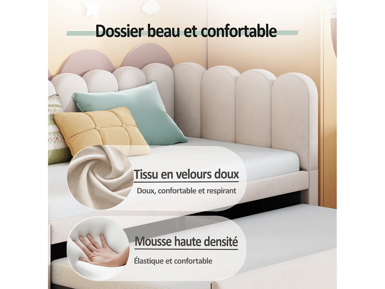 Canapé-lit 2-en-1 L-Forme 90/180x200 cm, design pratique, tissu velours beige, avec fonction lit et rangement intégré (204.5x188.5x88 cm)