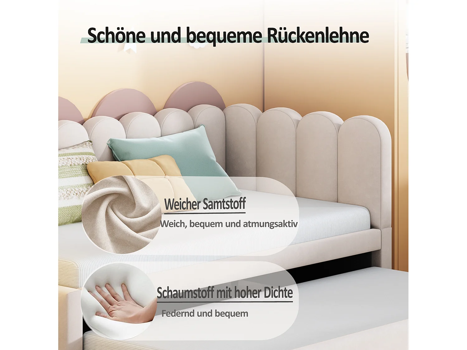 Canapé-lit 2-en-1 L-Forme 90/180x200 cm, design pratique, tissu velours beige, avec fonction lit et rangement intégré (204.5x188.5x88 cm)