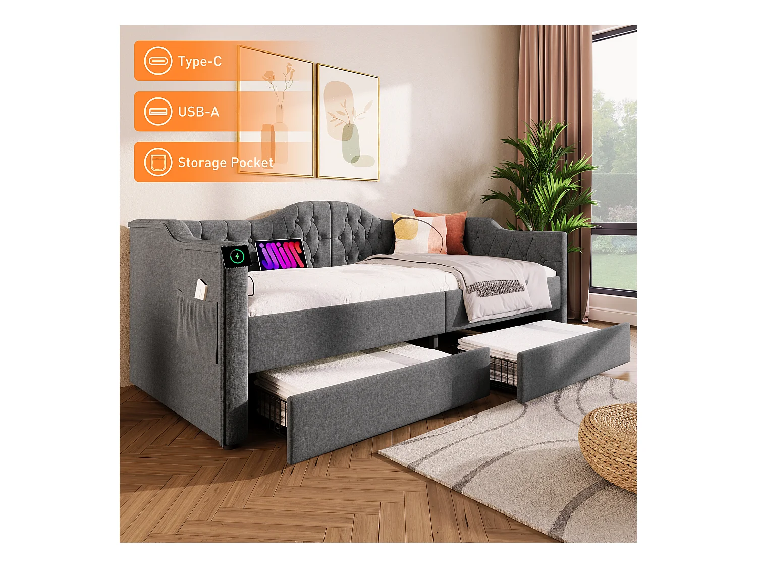Lit banquette avec chargeur USB Type-C, cadre tapissé lin gris, 2 tiroirs de rangement, 90x190cm (205x99x86.5cm)