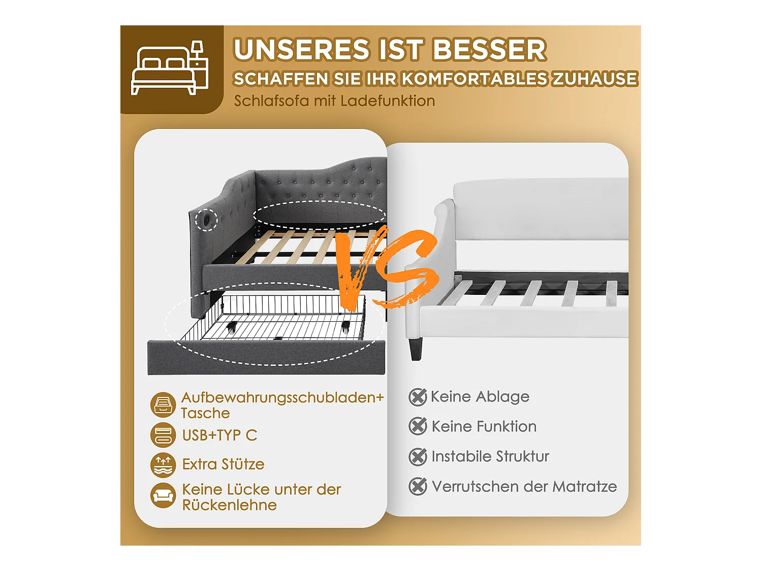 Lit banquette avec chargeur USB Type-C, cadre tapissé lin gris, 2 tiroirs de rangement, 90x190cm (205x99x86.5cm)