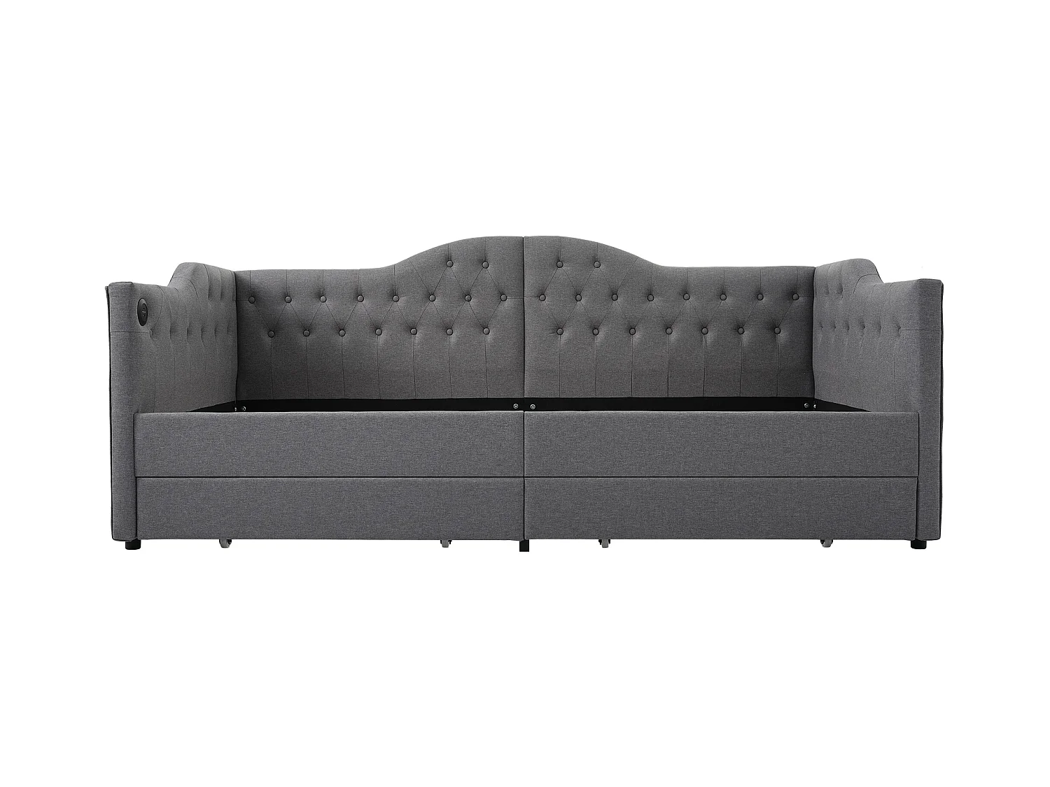 Lit banquette avec chargeur USB Type-C, cadre tapissé lin gris, 2 tiroirs de rangement, 90x190cm (205x99x86.5cm)