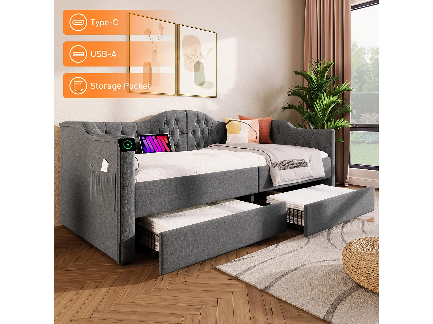 Lit banquette avec chargeur USB Type-C, cadre tapissé lin gris, 2 tiroirs de rangement, 90x190cm (205x99x86.5cm)