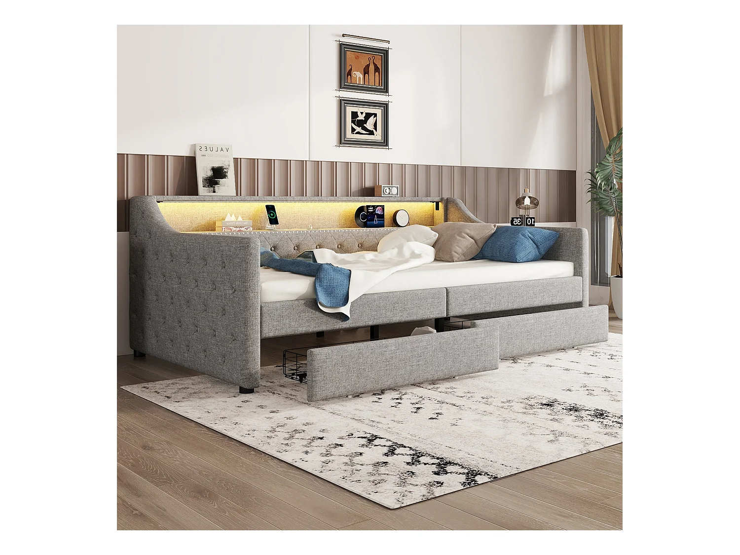 Canapé-lit 90x200 cm, lit de jour, sommier à lattes, éclairage ambiant, 2 tiroirs, prise USB, lin, gris (214x106x78.5 cm)