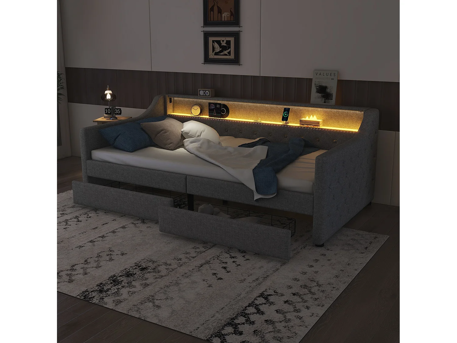 Canapé-lit 90x200 cm, lit de jour, sommier à lattes, éclairage ambiant, 2 tiroirs, prise USB, lin, gris (214x106x78.5 cm)