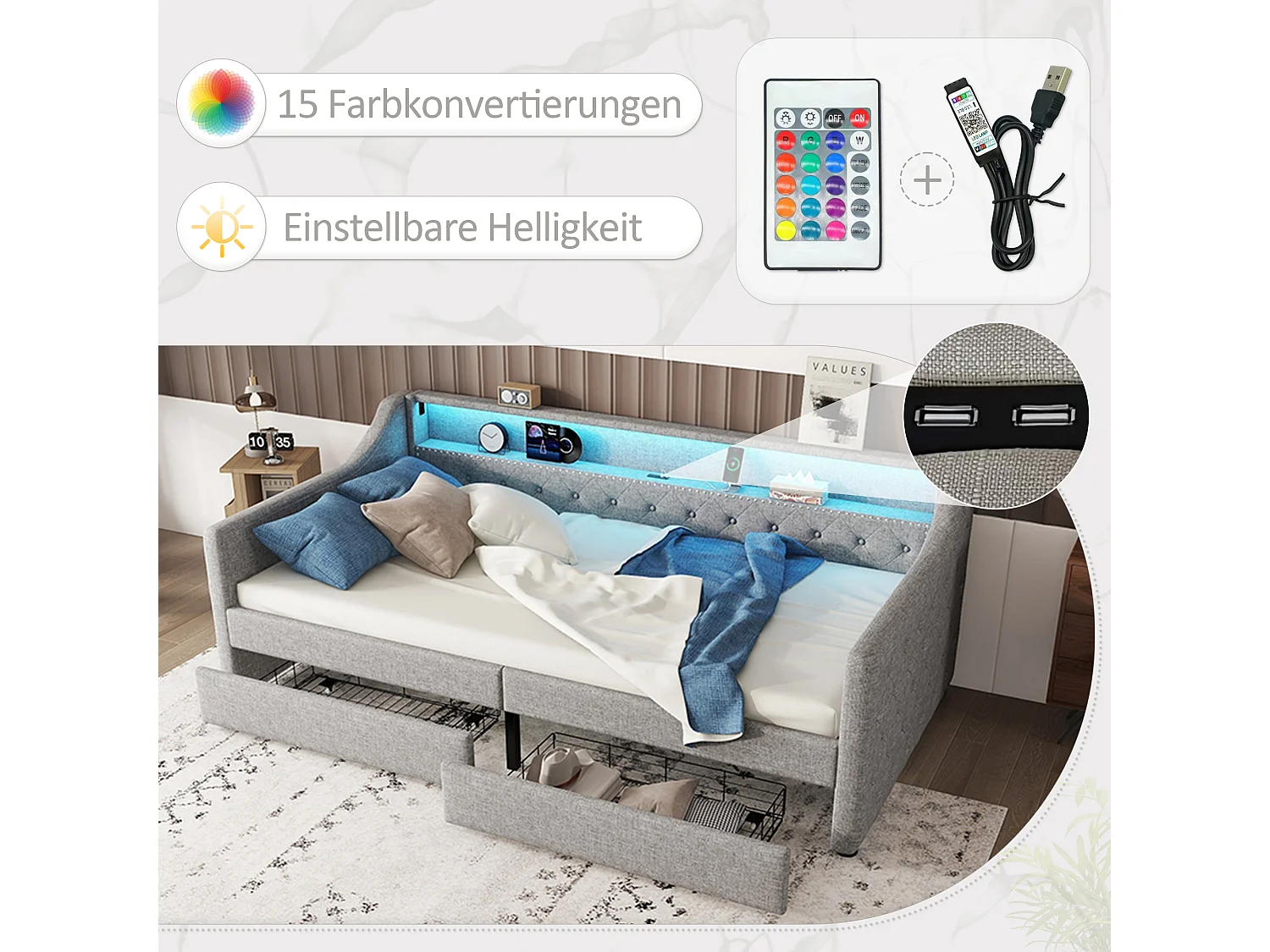 Slaapbank 90x200 cm, slaapbank, lattenbodem, sfeerverlichting, 2 lades, USB-aansluiting, linnen, grijs (214x106x78,5 cm)