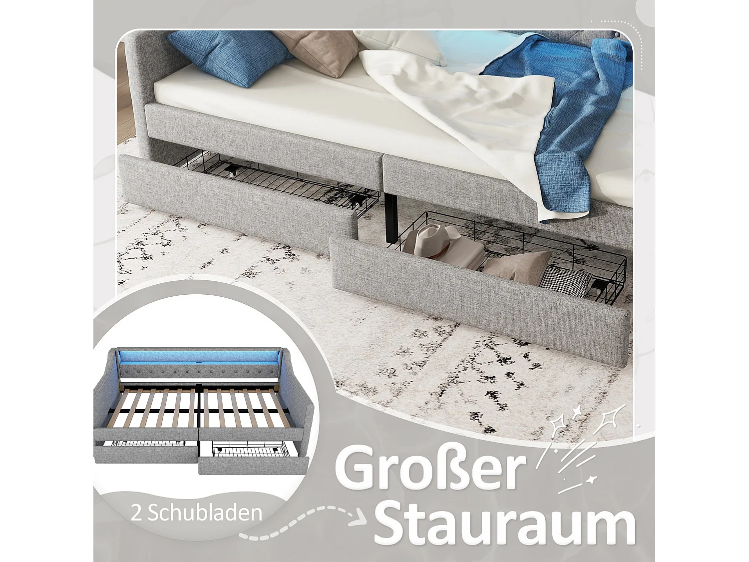 Slaapbank 90x200 cm, slaapbank, lattenbodem, sfeerverlichting, 2 lades, USB-aansluiting, linnen, grijs (214x106x78,5 cm)