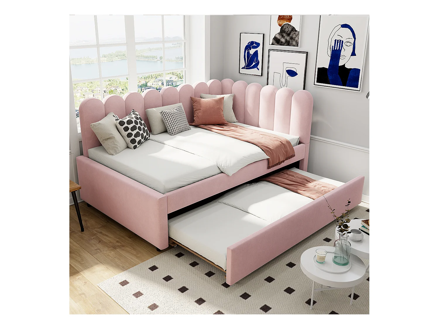 Divano letto a L 140x200 cm con testiera floreale e letto a scomparsa, velluto rosa (205x148x90 cm)