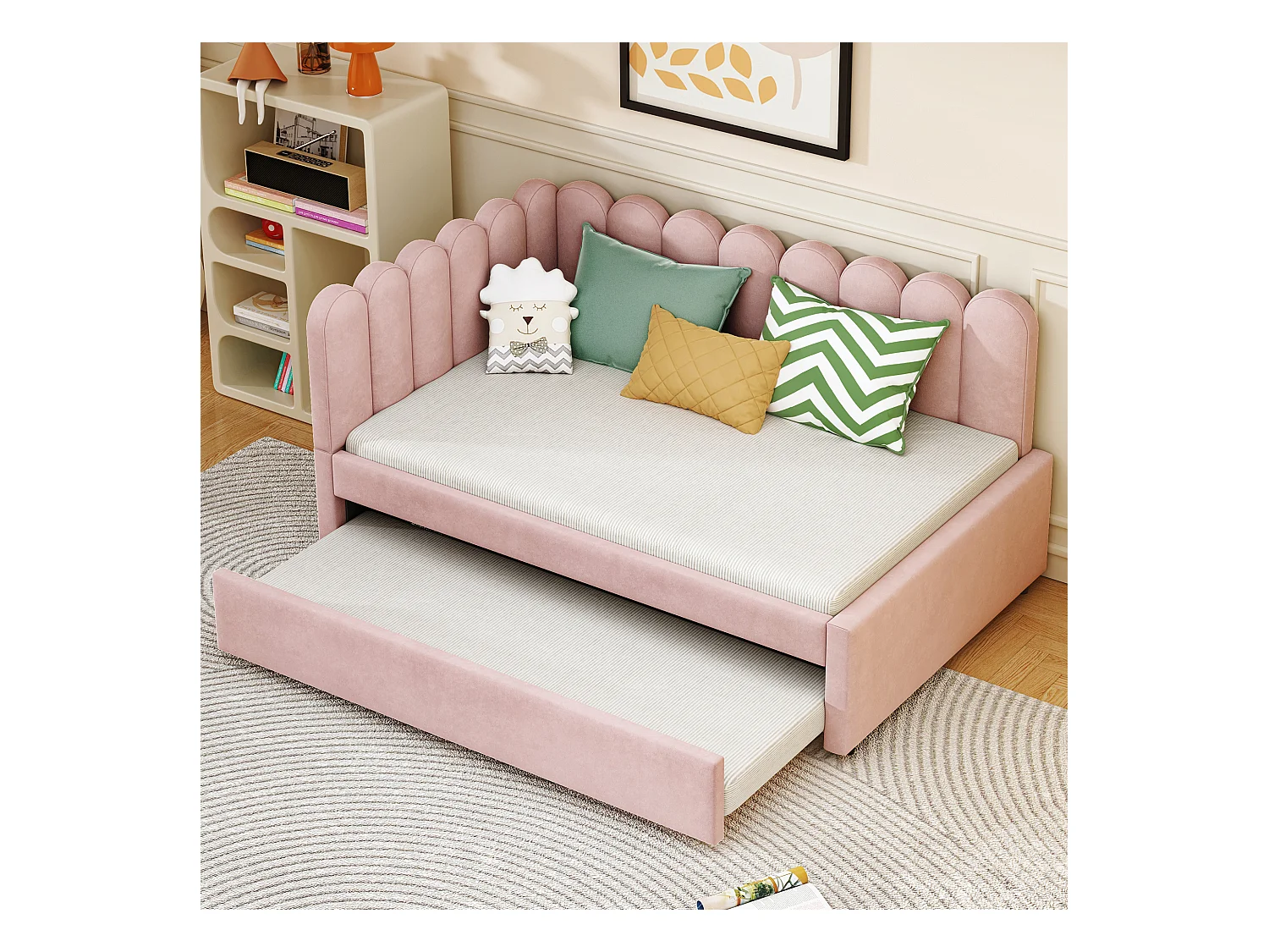 Divano letto a L 140x200 cm con testiera floreale e letto a scomparsa, velluto rosa (205x148x90 cm)