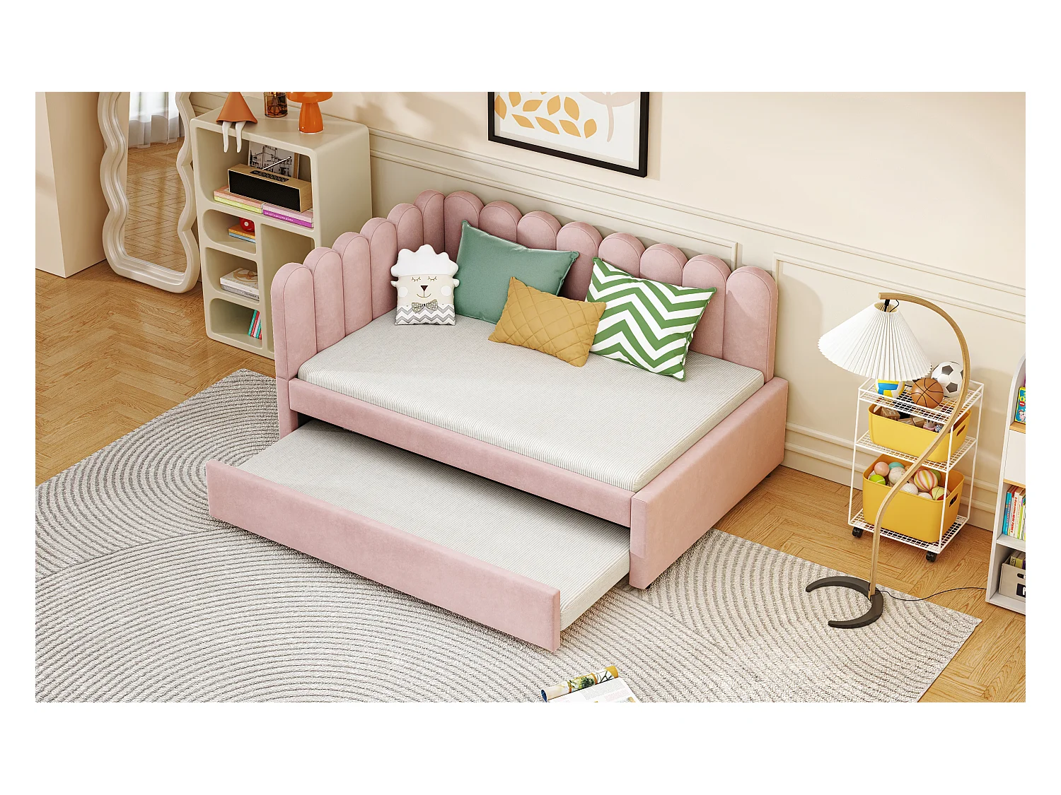 Divano letto a L 140x200 cm con testiera floreale e letto a scomparsa, velluto rosa (205x148x90 cm)