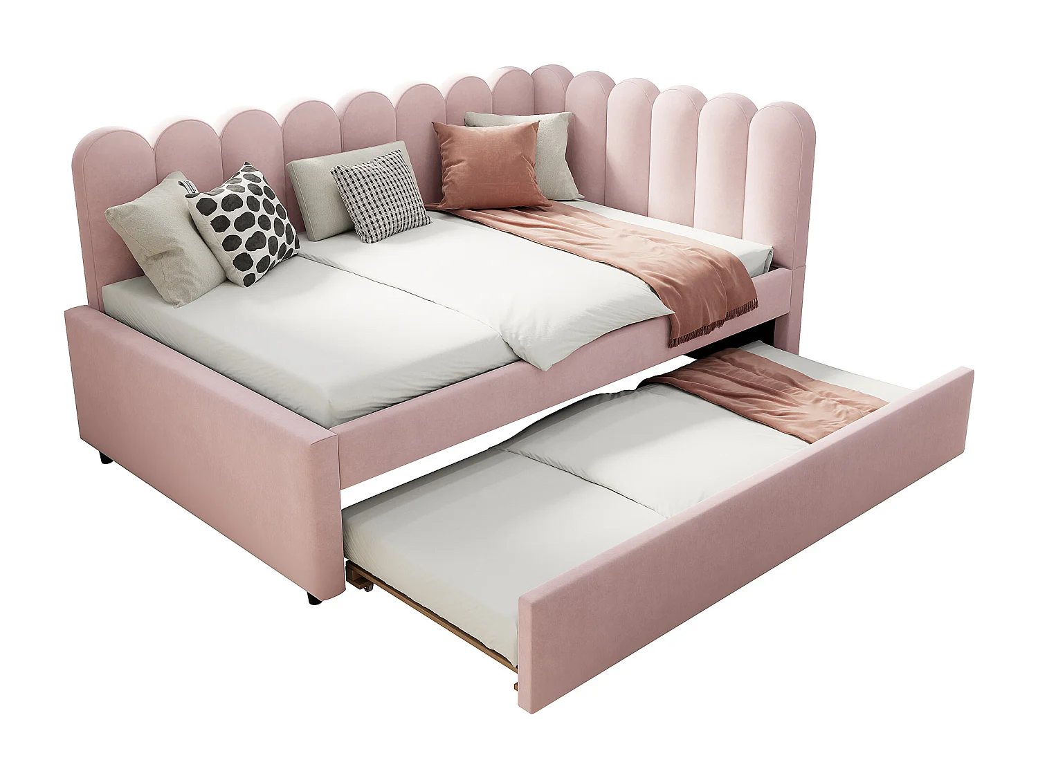 Canapé-lit L-forme 140x200 cm avec tête de lit à fleurs et lit escamotable, velours rose (205x148x90 cm)