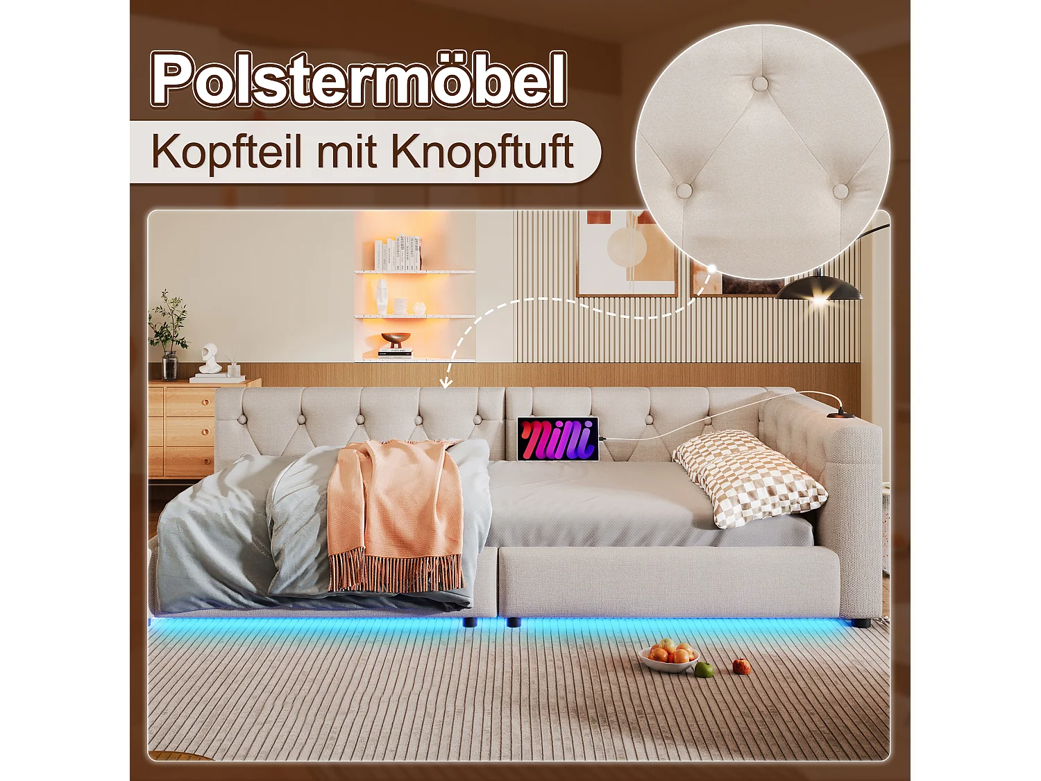 Canapé-lit 90x200cm, avec sommier à lattes, éclairage ambiant avec télécommande, tête de lit capitonnée, USB+Type-C, lin, beige (213x103x45 cm)