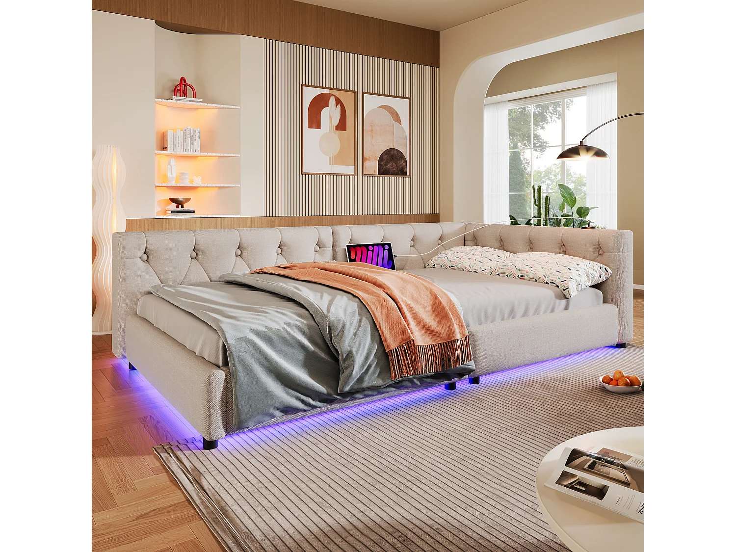 Canapé-lit 90x200cm, avec sommier à lattes, éclairage ambiant avec télécommande, tête de lit capitonnée, USB+Type-C, lin, beige (213x103x45 cm)