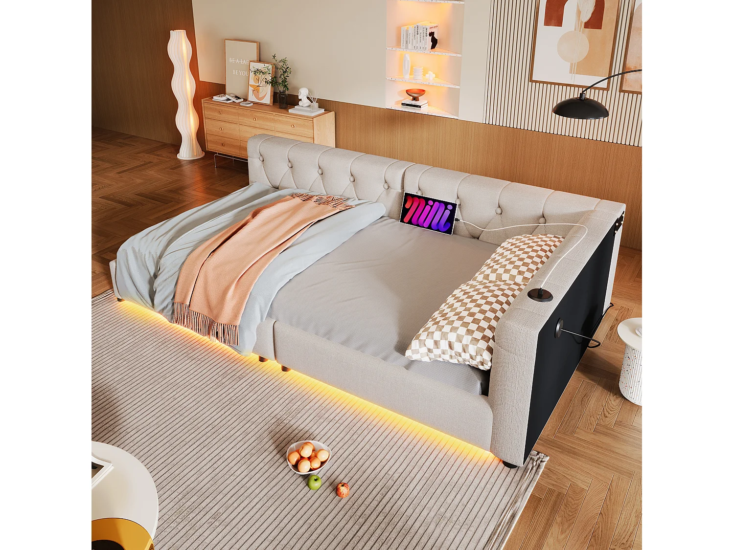 Canapé-lit 90x200cm, avec sommier à lattes, éclairage ambiant avec télécommande, tête de lit capitonnée, USB+Type-C, lin, beige (213x103x45 cm)