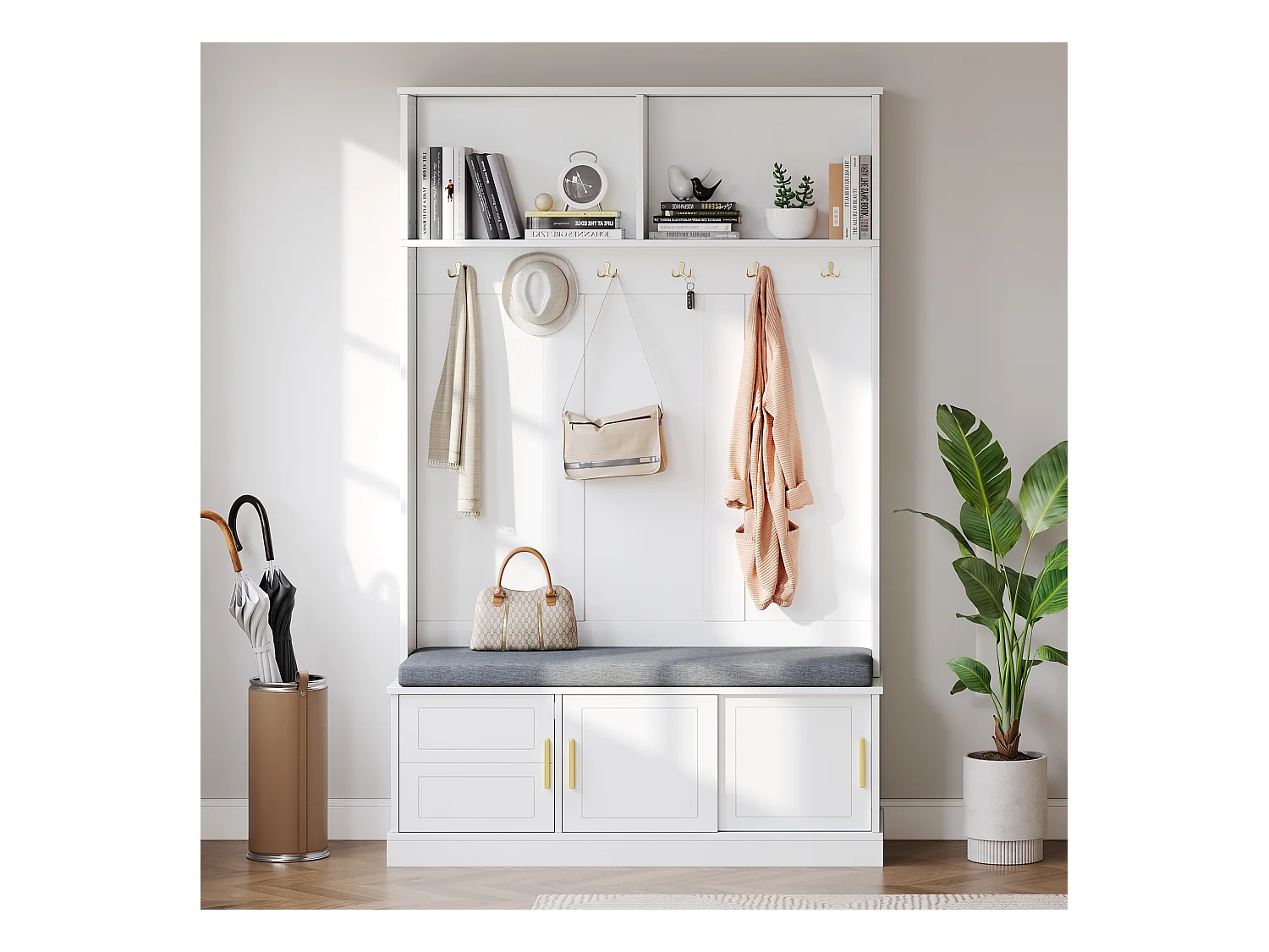 Vestiaire - 120 x 40 x 191 cm - avec banc à chaussures + armoire + 6 crochets triples - aggloméré - blanc