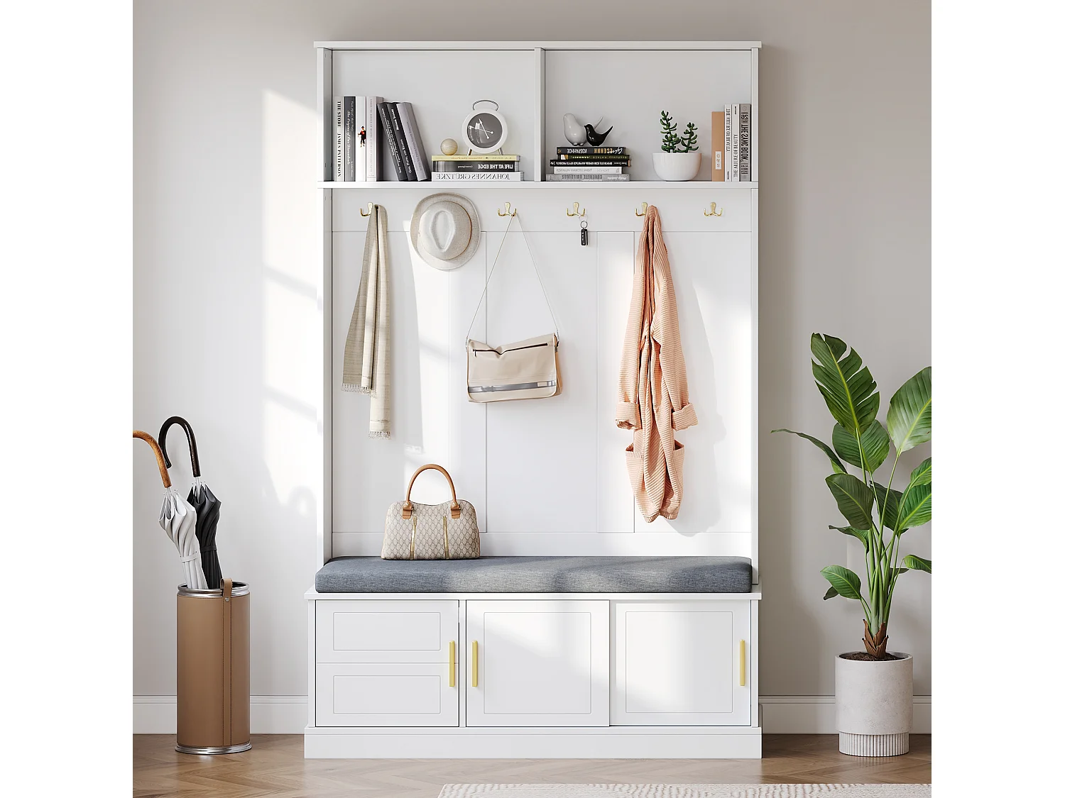 Vestiaire - 120 x 40 x 191 cm - avec banc à chaussures + armoire + 6 crochets triples - aggloméré - blanc