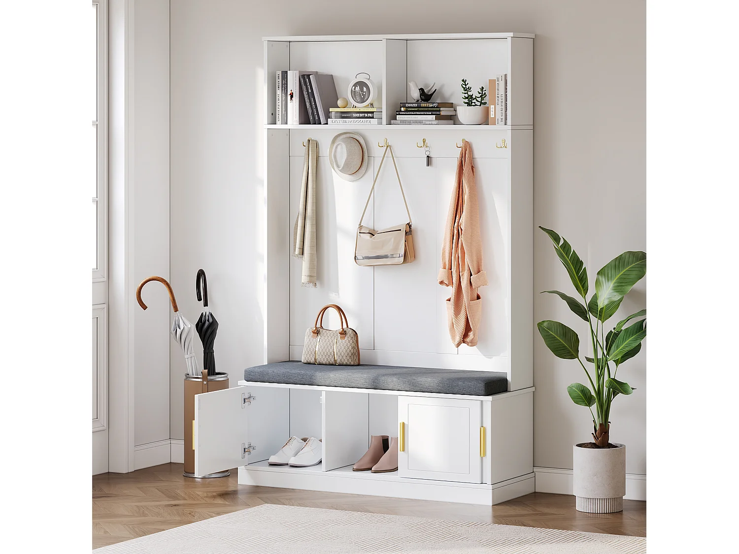 Vestiaire - 120 x 40 x 191 cm - avec banc à chaussures + armoire + 6 crochets triples - aggloméré - blanc