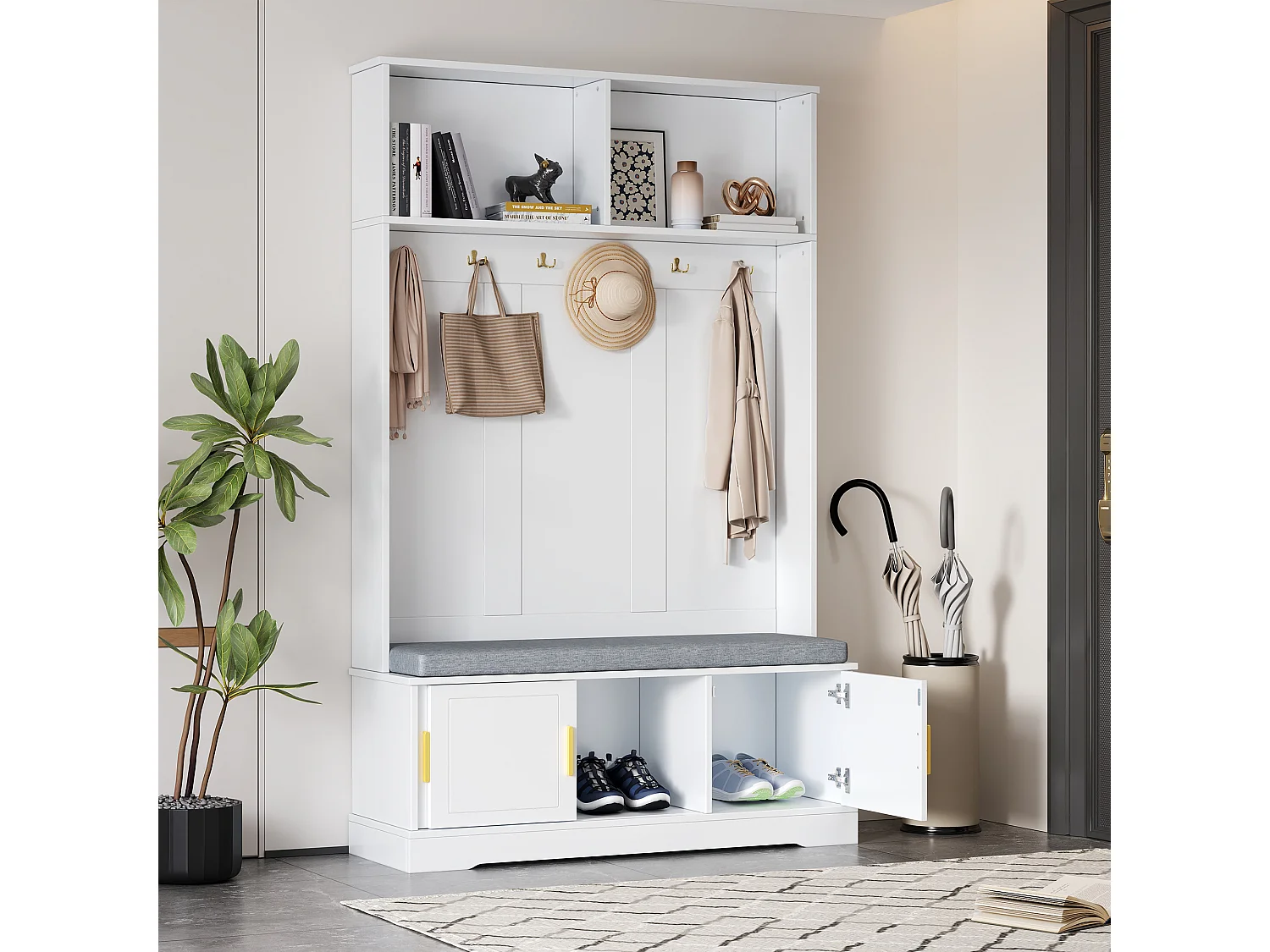 Vestiaire - 120 x 40 x 191 cm - avec banc à chaussures + armoire + 6 crochets triples - aggloméré - blanc