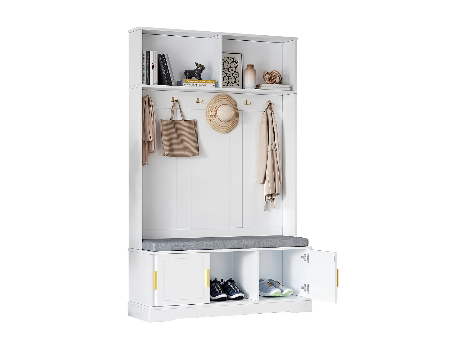 Vestiaire - 120 x 40 x 191 cm - avec banc à chaussures + armoire + 6 crochets triples - aggloméré - blanc