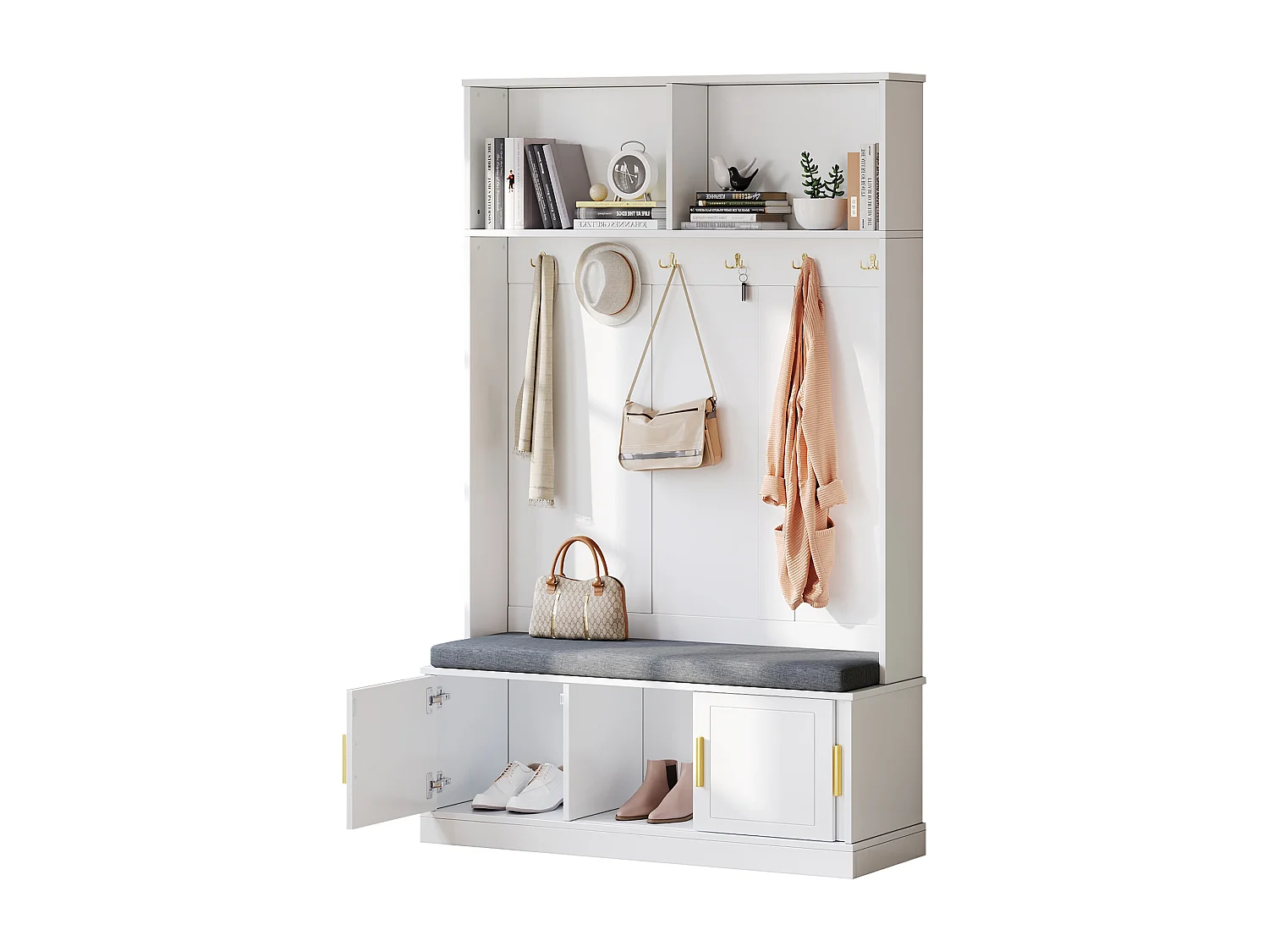 Vestiaire - 120 x 40 x 191 cm - avec banc à chaussures + armoire + 6 crochets triples - aggloméré - blanc