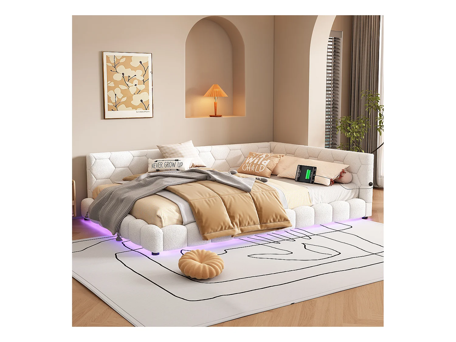 Divano letto, 140x200 cm, con illuminazione LED a 16 colori, USB e Type-C, tessuto in velluto, Bianco (214x152x64,5 cm)