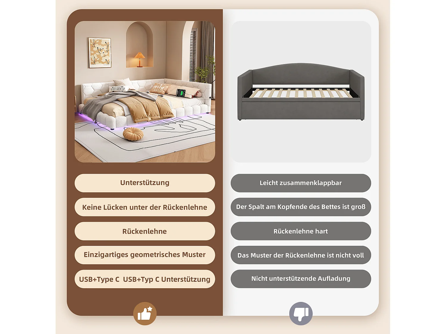 Daybed, 140x200 cm, slaapbank, met 16-kleurige LED-verlichting, USB en Type-C, fluwelen stof, Wit (214x152x64,5 cm)