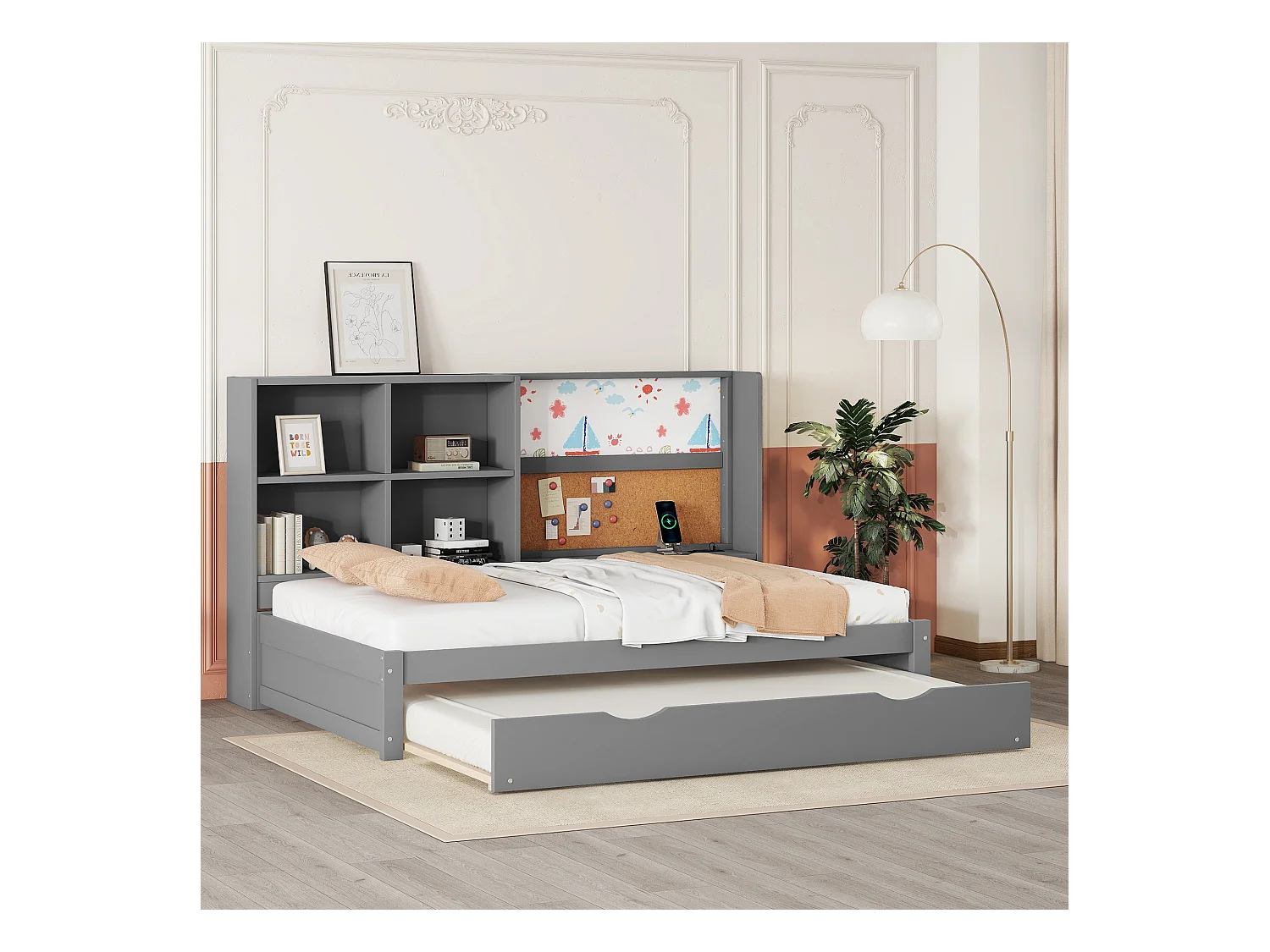 Divano letto 90x200 cm, letto pieghevole, porta USB, lavagna bianca, diversi vani portaoggetti, grigio (208,5x116,5x112 cm)