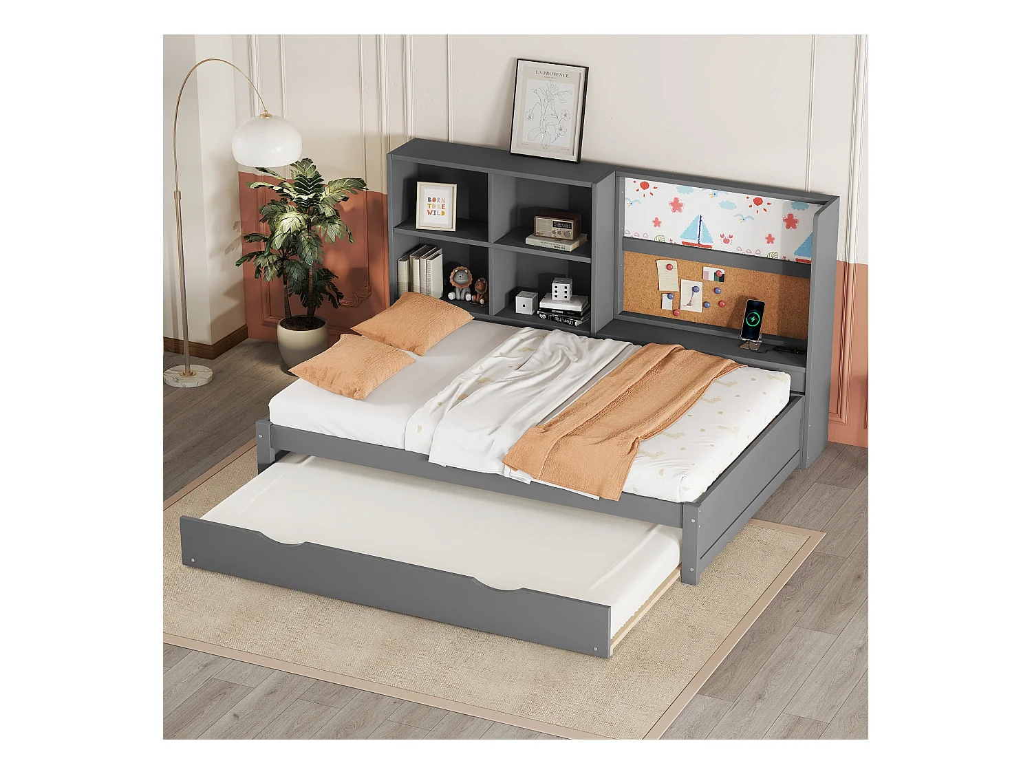 Divano letto 90x200 cm, letto pieghevole, porta USB, lavagna bianca, diversi vani portaoggetti, grigio (208,5x116,5x112 cm)