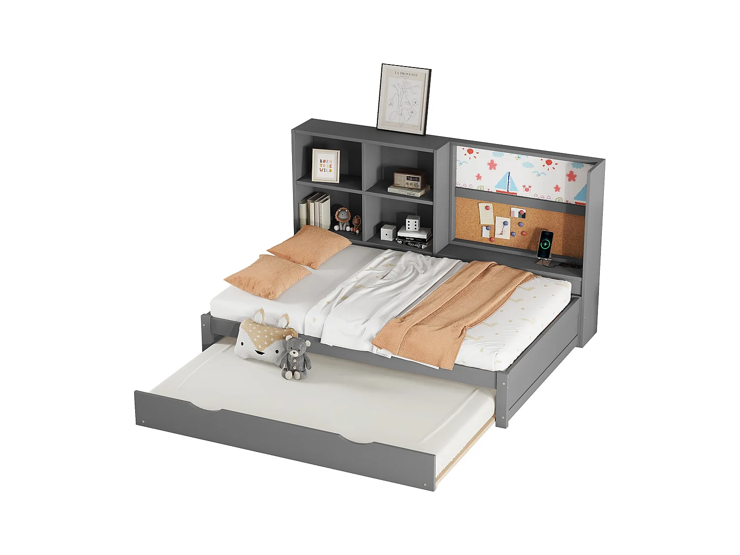 Divano letto 90x200 cm, letto pieghevole, porta USB, lavagna bianca, diversi vani portaoggetti, grigio (208,5x116,5x112 cm)