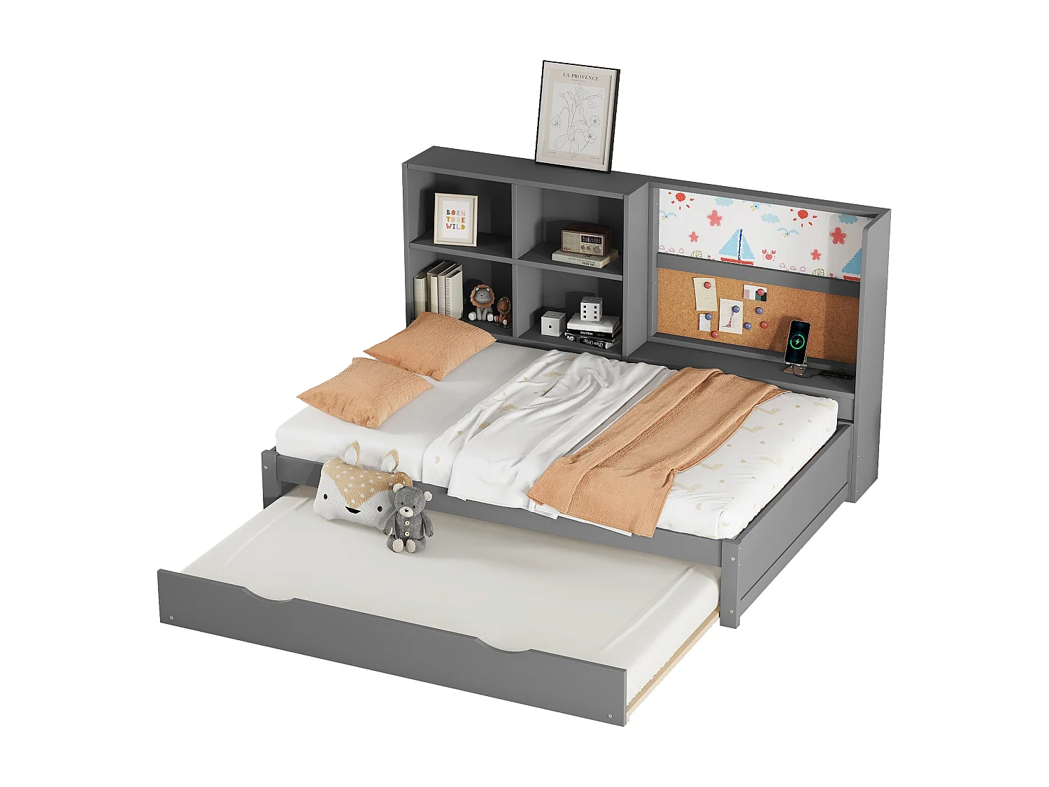 Divano letto 90x200 cm, letto pieghevole, porta USB, lavagna bianca, diversi vani portaoggetti, grigio (208,5x116,5x112 cm)