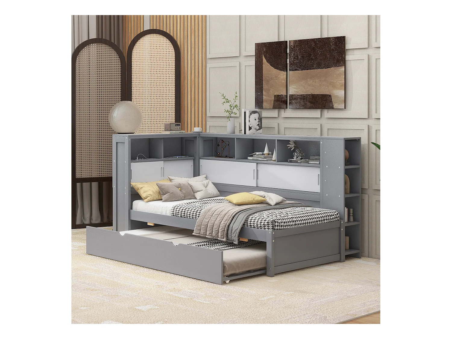 Lit Daybed 90x200 cm, lit de jour avec lit escamotable, espace de rangement, avec USB, MDF, gris (232x125x110 cm)