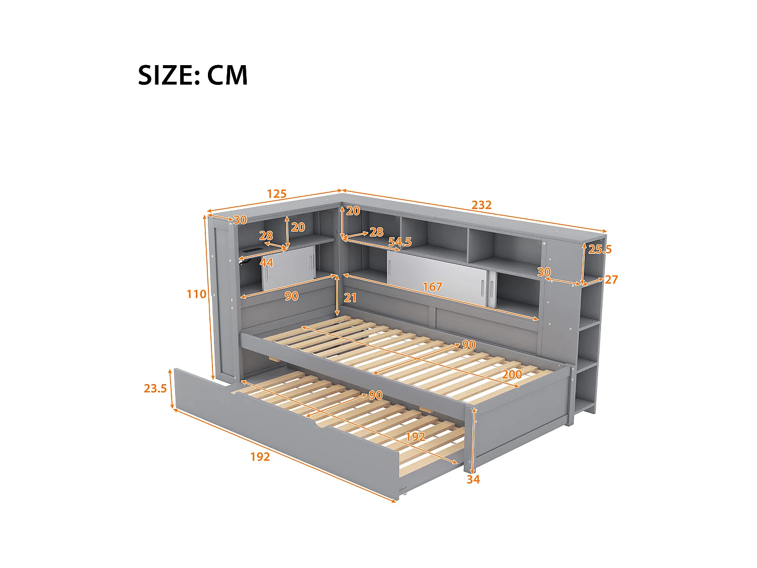 Lit Daybed 90x200 cm, lit de jour avec lit escamotable, espace de rangement, avec USB, MDF, gris (232x125x110 cm)